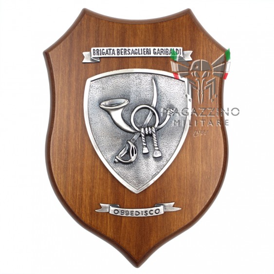 Crest Bersaglieri Monocromo Argento Invecchiato Scritta OBBEDISCO su Base Legno 26x18cm