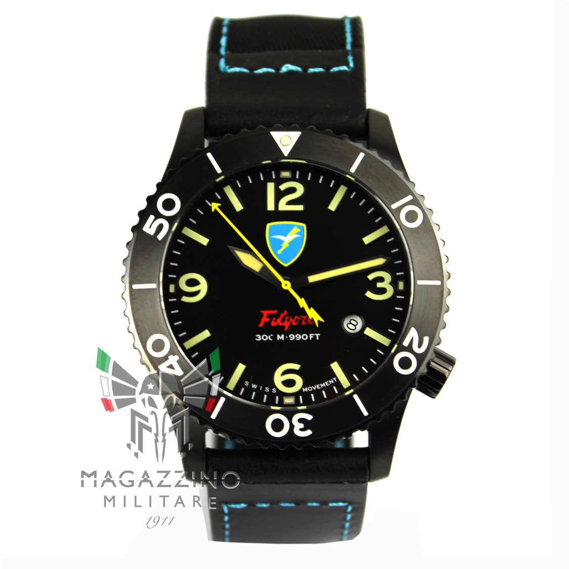 Military paratrooper Folgore watch with black PVD case, quartz movement, and leather strap