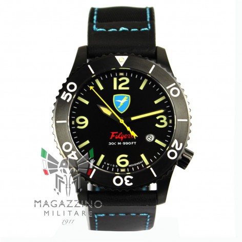 Military paratrooper Folgore watch with black PVD case, quartz movement, and leather strap
