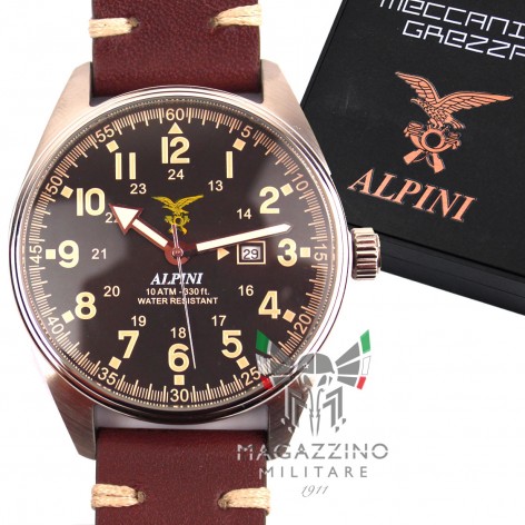 Official Italian Alpini watch with satin-finish steel case and leather strap