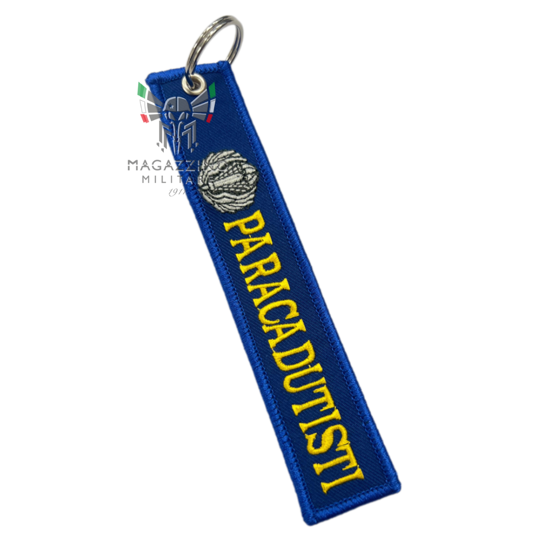 Portachiavi ricamato con scritta "PARACADUTISTI", dimensioni 13cm x 2,5cm, fondo blu.