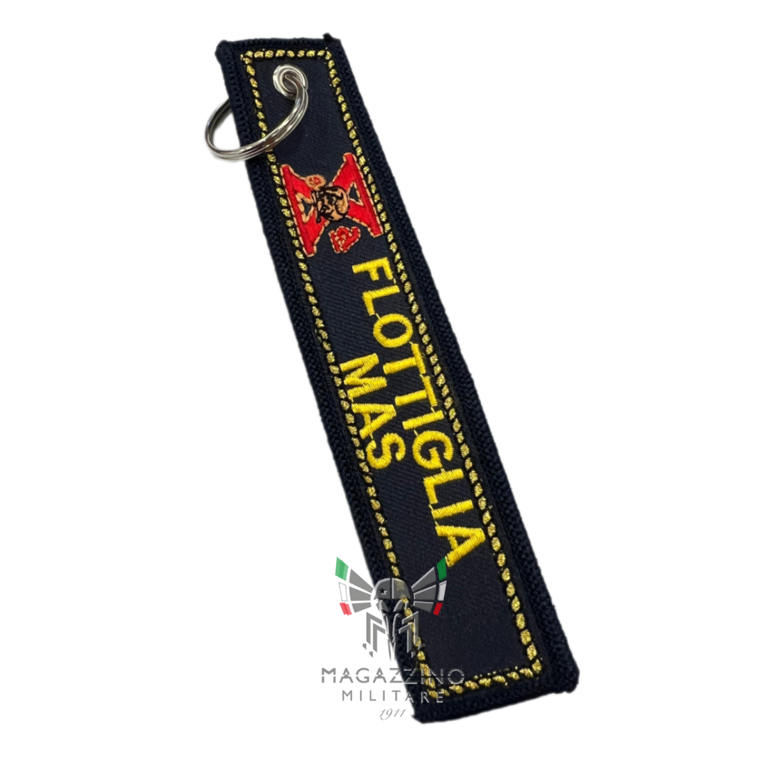 Portachiavi ricamato con scritta "X FLOTTIGLIA MAS", dimensioni 13cm x 2,5cm, fondo nero.