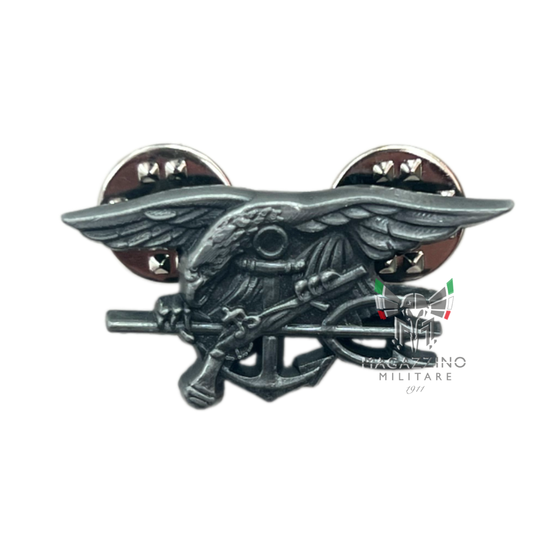 Small silver US Navy SEALs badge, an iconic symbol of the elite special forces.