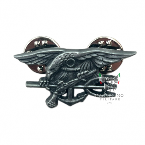 Small silver US Navy SEALs badge, an iconic symbol of the elite special forces.