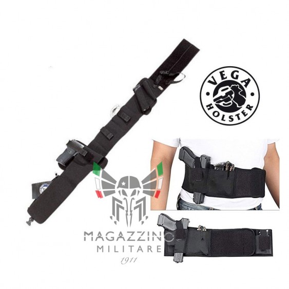 Fascia elastica Vega Holster 2ET21 nera regolabile con fondina per pistola e tasche multiple per accessori operativi