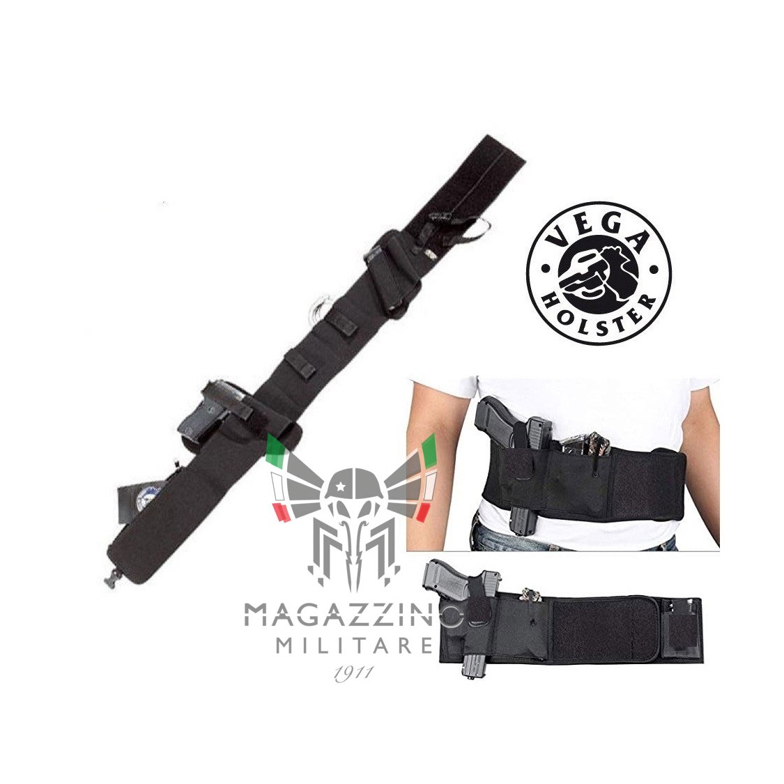Fascia elastica Vega Holster 2ET21 nera regolabile con fondina per pistola e tasche multiple per accessori operativi