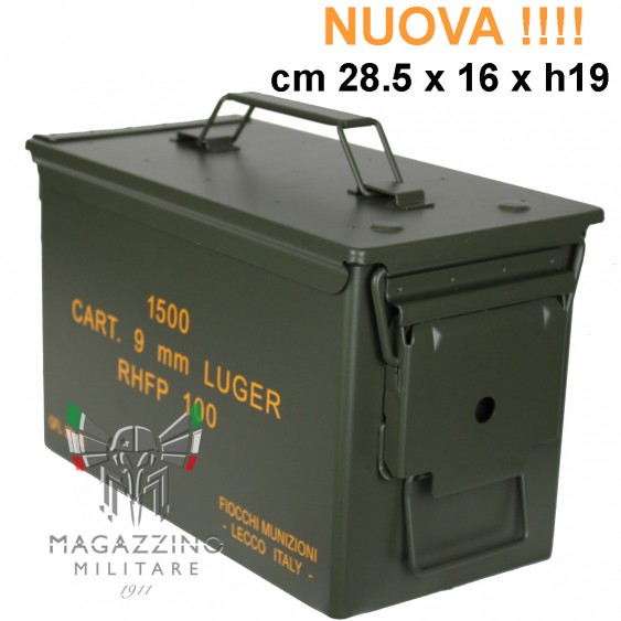 Military olive green ammunition box 9mm Luger Fiocchi with carrying handle and hermetic closure, dimensions 28.5x16x h19cm