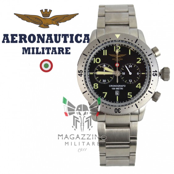 Pilot chronograph watch with a brushed steel case and band, dark dial, and luminescent markers.