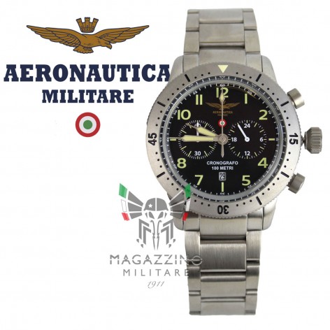 Pilot chronograph watch with a brushed steel case and band, dark dial, and luminescent markers.