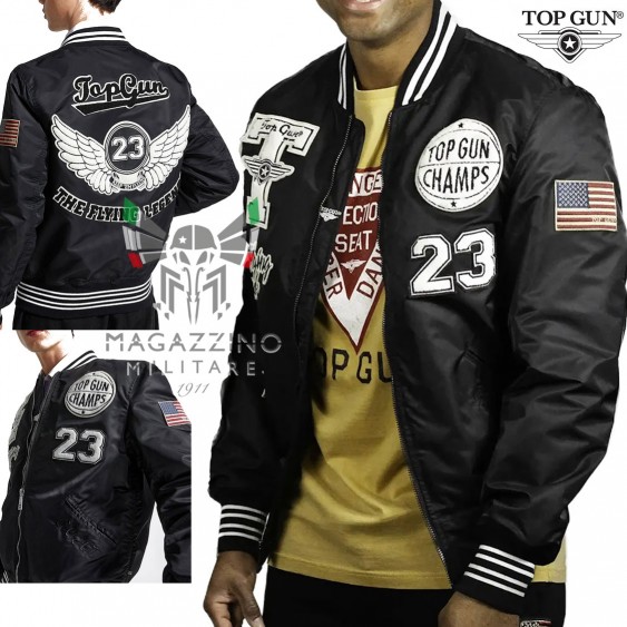 Giacca bomber TOP GUN® da uomo, modello College nero, con toppe ricamate e logo con ali sul retro.