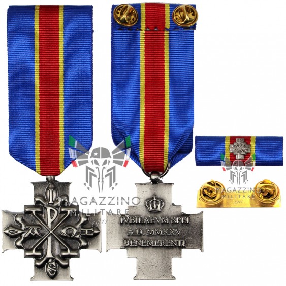 Constantinian Cross medal and ribbon bar commemorating the Jubilee 2025, featuring blue, red, and yellow colours.