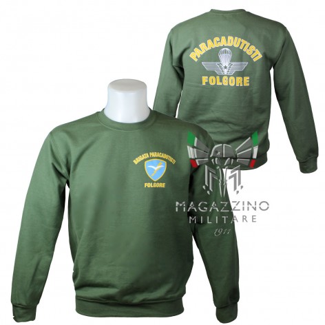 Paratroopers Folgore crewneck sweatshirt with front logo and back screen-printed design, showing details o