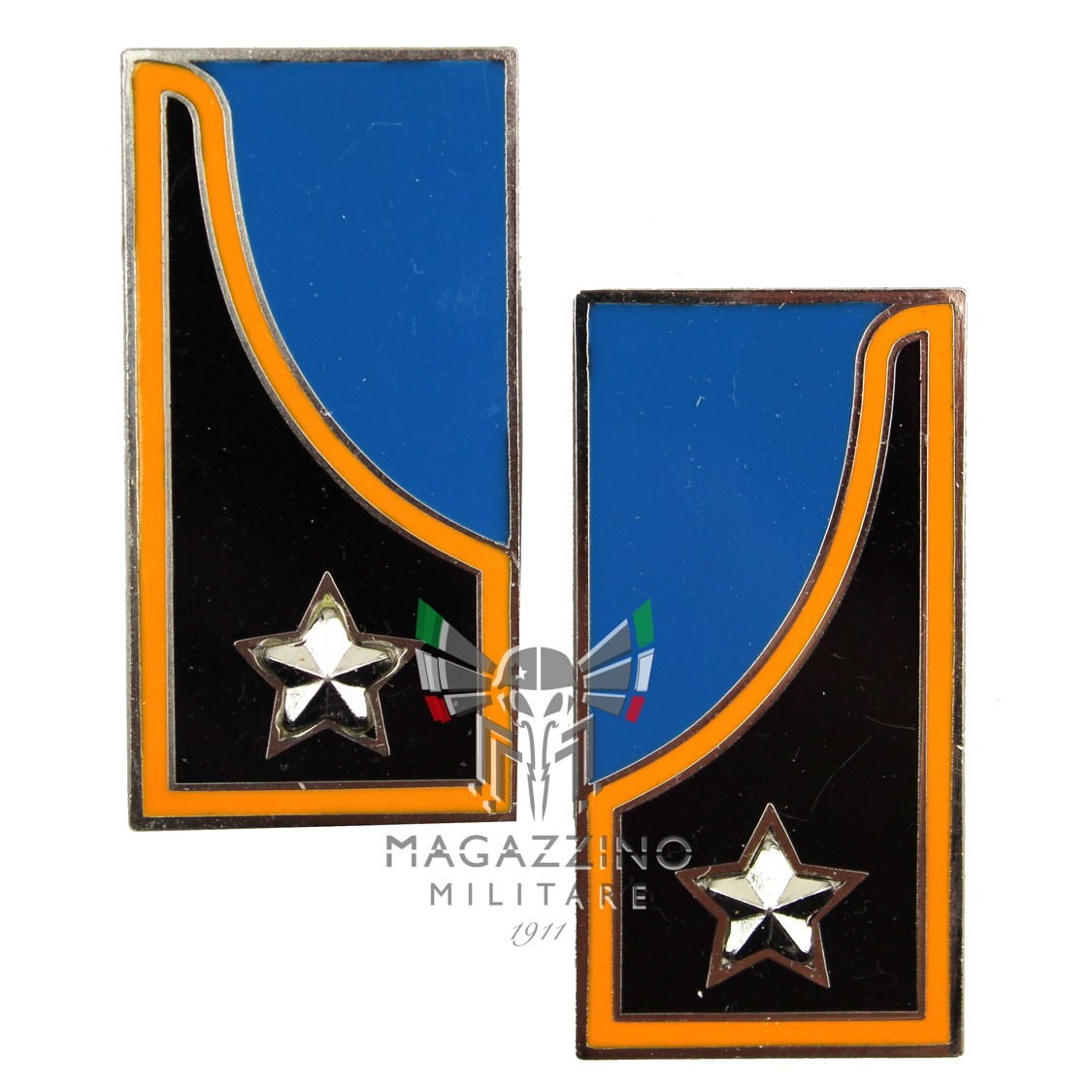 Pair of enameled metal collar insignia for the Italian Army Armored Artillery featuring two-pointe